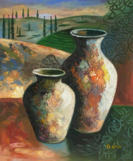 vázy, hlinené nádoby, zátišie, dekorácie, obraz do bytu