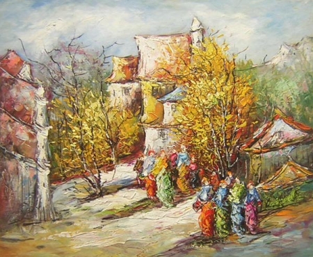 ručne maľovaný obraz, obraz do interiéru, obraz dediny, ľudia, jeseň