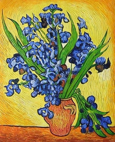 Vincent van Gogh, žltá, modrá, zelená, kosatce, hnedá, reprodukcia obrazu.