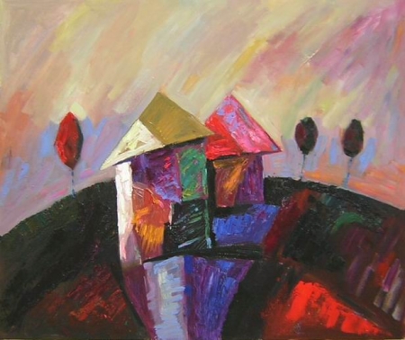 abstraktný obraz na stenu, moderné umenie, obraz do bytu, dekorácie, moderné abstraktné obraz, dom na kopci, moderný dom