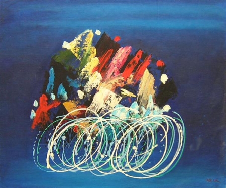 Cyklisti, moderný, moderné umenie, abstrakt, modrá