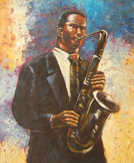 Jazzman, muž hrajúci na dychový nástroj, dekoratívny obraz, obraz do bytu, obraz do interiéru.