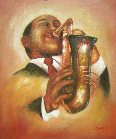 Jazzman, muž hrajúci na dychový nástroj, dekoratívny obraz, obraz do bytu, obraz do interiéru.