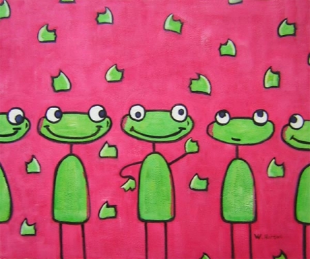 ružová, žaby, naivný obrázok, moderné umenie,