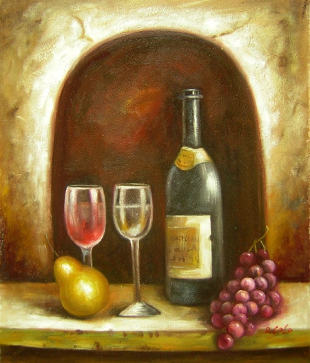 zátišie, víno, poháre, strapec hrozna, dekorácia interiéru