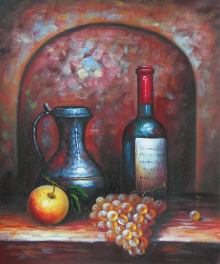 Víno, jablká, fľaša, moderné, farebné, dekoratívny obraz, obraz do bytu, obraz do interiéru.