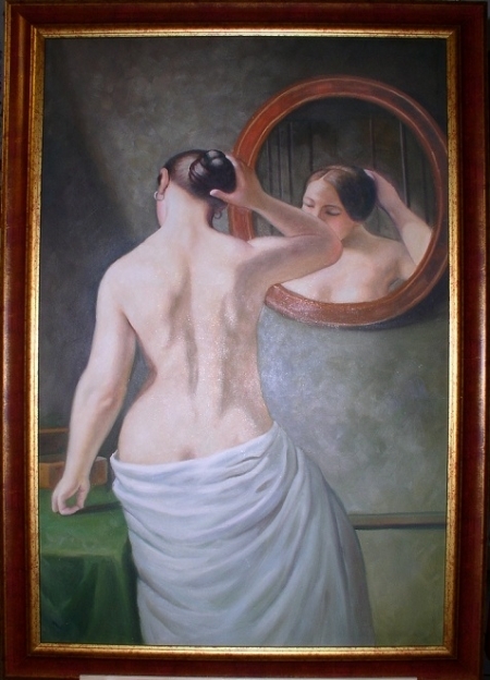 dievča pred zrkadlom, starí majstri, nahá žena, obrazy do bytu, interiéru, dekorácie, zarámovaný obraz