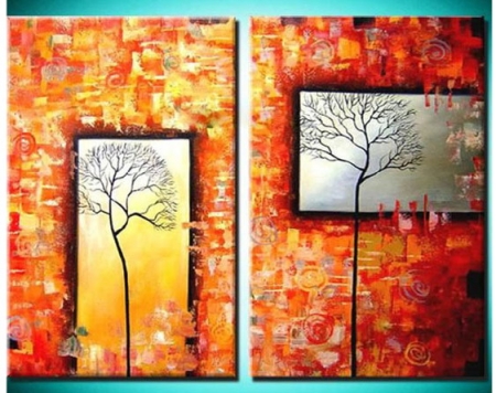 stromy v okne, oranžový, červený, strom, obrazy, dekorácie, moderné umenie
