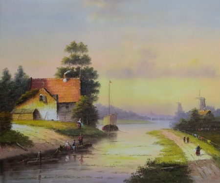 ručne maľovaný obraz, obraz do interiéru, obraz mora, loď, mlyn, dediny