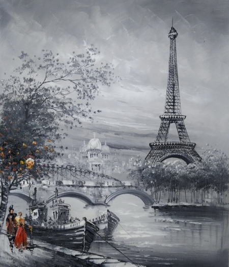 ručne maľovaný obraz, obraz do interiéru, Paríž, obraz mesta, čiernobiely obraz, čierna, sivá, biela