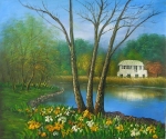 ručne maľovaný obraz na stenu, obraz do interiéru, obraz prírody, moderné dekorácie, dom, rieka, krajina