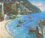 ručne maľovaný obraz, moderné obraz do interiéru na stenu, more, pobrežie, pláž, dom na pláži