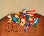 deti, bicykle, hnedá, okrová, červená, modrá,
