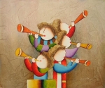 Obraz deti hrajúce na trúbku, žltá, červená, tyrkysová, modrá