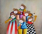 Obraz deti hrajúce na hudobné nástroje, červená, biela, šedá, zelená