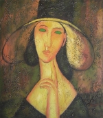 zamyslená žena s klobúkom, dekoratívne obraz, obraz do bytu, obraz do interiéru.
