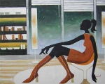 sediaca žena v bufete. dekoratívny obraz, obraz do bytu, obraz do interiéru.