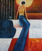 Žena, modré, sediaca, moderný dekoratívny obraz, obraz do bytu, obraz do interiéru.