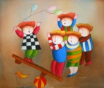 deti, okrová, balóniky, hojdačka, detský motív, obraz do bytu