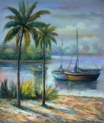 Ostrov, prístav. lode, palmy, moderné, dekoračné obraz, obraz do bytu, obraz do interiéru.