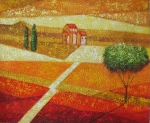 Cesta, červená, oranžová, stromy, dom, dekoratívny obraz, obraz do bytu, obraz do interiéru.