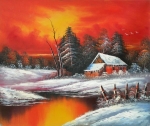 Sneh, chalupa, rieka, červené moderné, dekoratívny obraz obraz do bytu, obraz do interiéru.