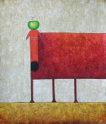 pes, jablko, šedá, červená, moderné umenie, moderna