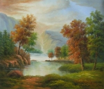 řeka, krajina, les, šedá, zelená, lacné obrazy, obraz na stenu