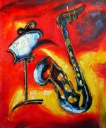 saxofón, červené, moderné, dekoratívny obraz, obraz do bytu, obraz do interiéru.