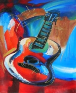 Farebná gitara, modrá, červená, moderná, dekoratívny obraz, obraz do bytu, obraz do interiéru.