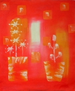 Kvety, červené, biele, oranžové, moderné dekoratívny obraz, obraz do bytu, obraz do interiéru.