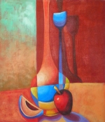 Farebné, váza, jablko, moderné, dekoratívny obraz, obraz do bytu, obraz do interiéru.