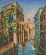 benátky, gondola, obraz na predaj, obraz ručne maľovaný, obraz na plátne, obraz do bytu, venezia, ulica, domy