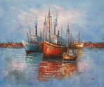 prístav, lode, modrá, obraz na predaj, obraz na plátne, obraz ručne maľovaný.