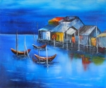 lode, more, domy, chalúpky, modrá obraz na predaj, obraz na plátne, obraz ručne maľovaný.