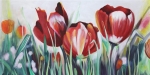tulipány v tráve, biela, žltá, oranžová, červená, zelená, obrazy, moderné, dekoratívne lacné obrazy