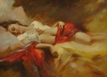 Obraz do bytu, ručne maľovaný obraz, obraz do interiéru, žena, krása, spánok, červená, okrová, biela, krásna dievčina