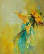 na stenu, ručne maľovaný obraz, obraz do interiéru, dievča s kvetinami, žltá, žlutá
